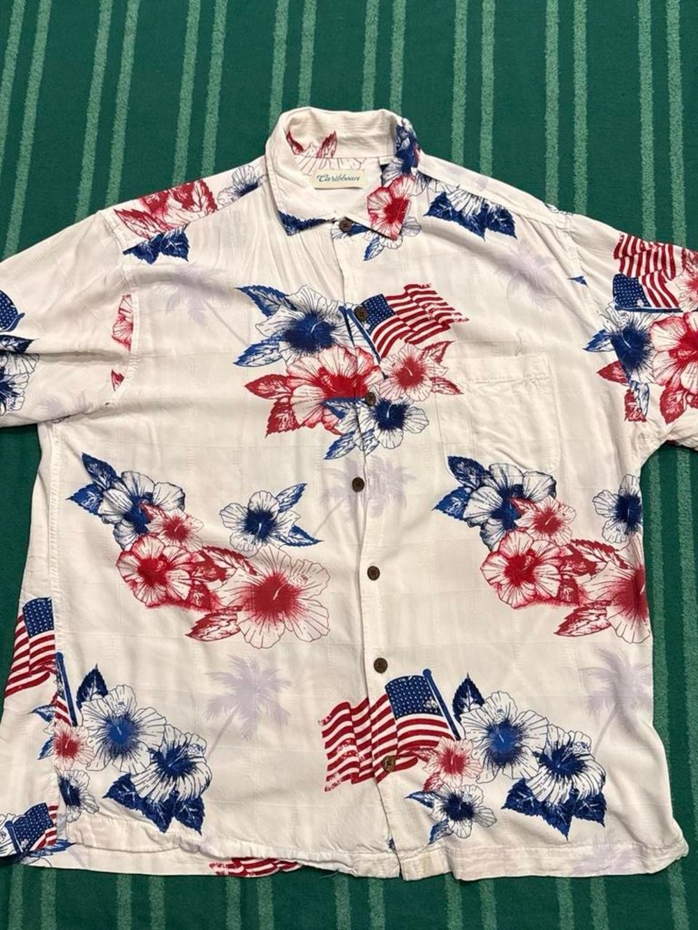 Caribbean White Button-Up Shirt with Red & Blue Floral and Flag Print